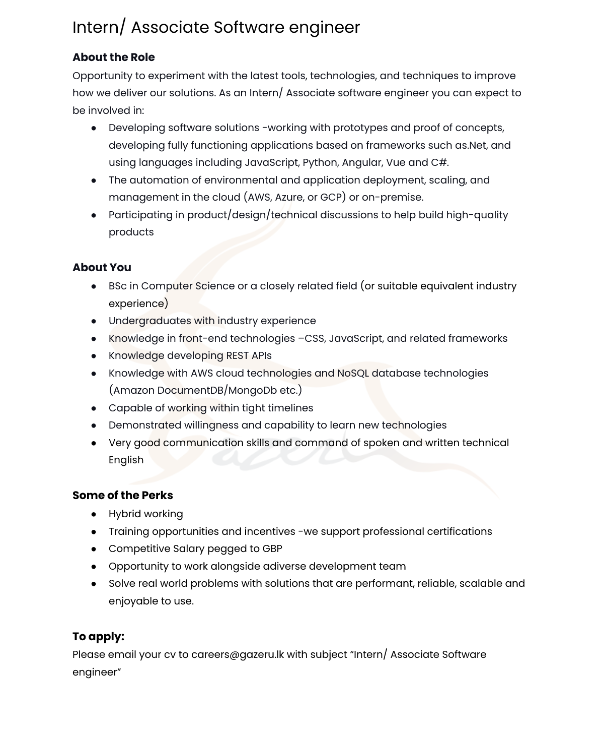 Intern/ Associate software engineer vacancy